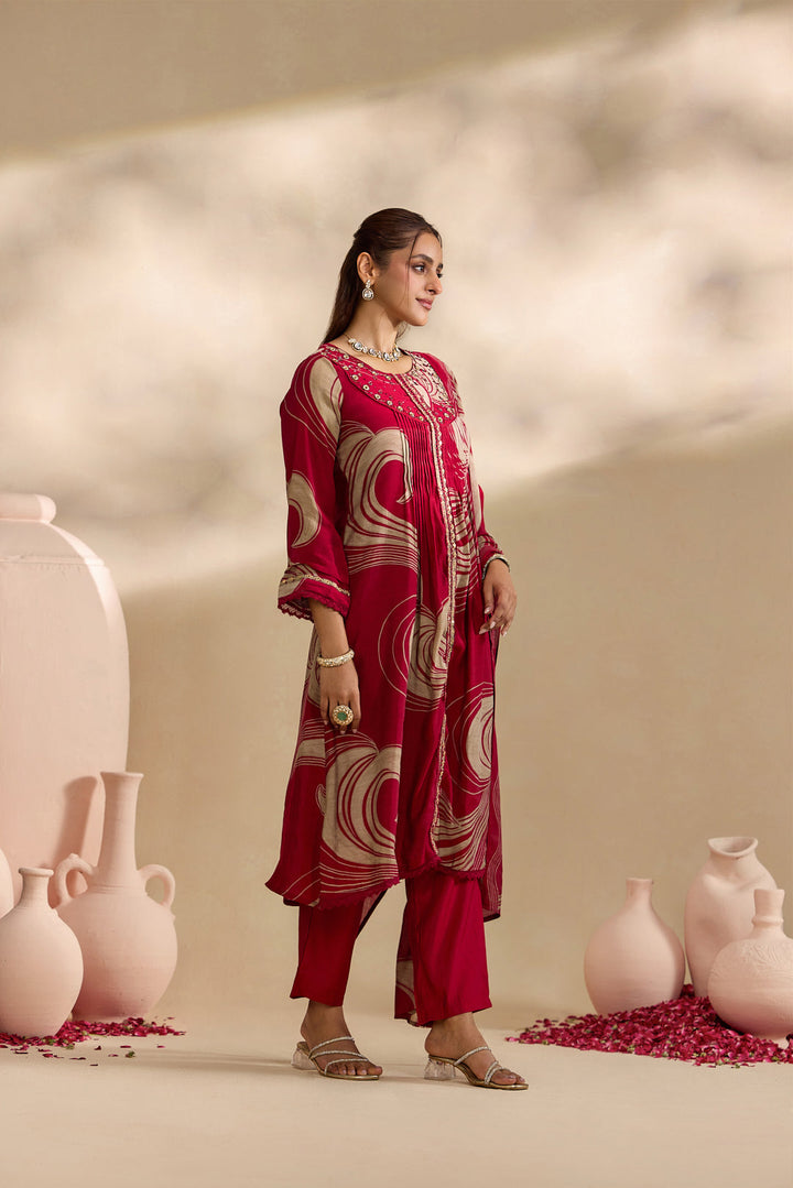 Maroon Chanderi Abstract Swirl Printed Three Piece Set