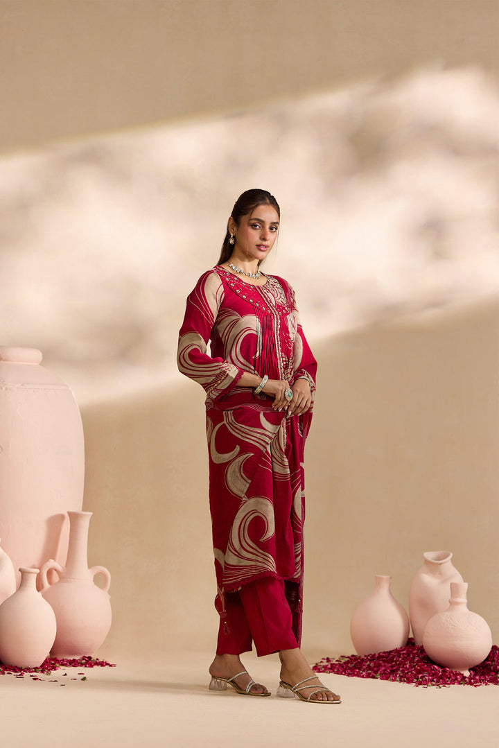 Maroon Chanderi Abstract Swirl Printed Three Piece Set