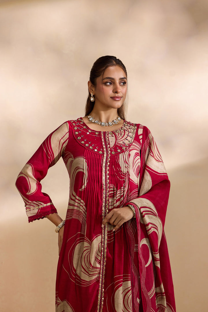 Maroon Chanderi Abstract Swirl Printed Three Piece Set