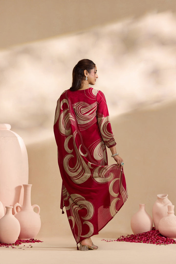 Maroon Chanderi Abstract Swirl Printed Three Piece Set