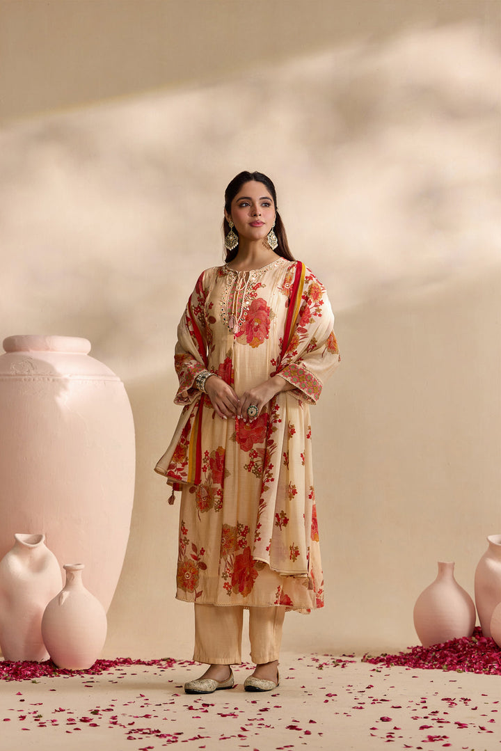 Red Muslin Large Floral Digital Printed Three Piece Set