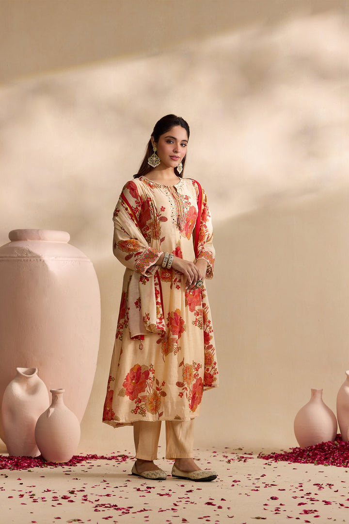 Red Muslin Large Floral Digital Printed Three Piece Set