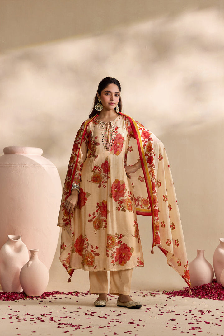 Red Muslin Large Floral Digital Printed Three Piece Set