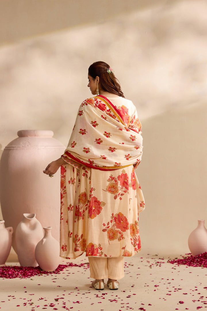 Red Muslin Large Floral Digital Printed Three Piece Set