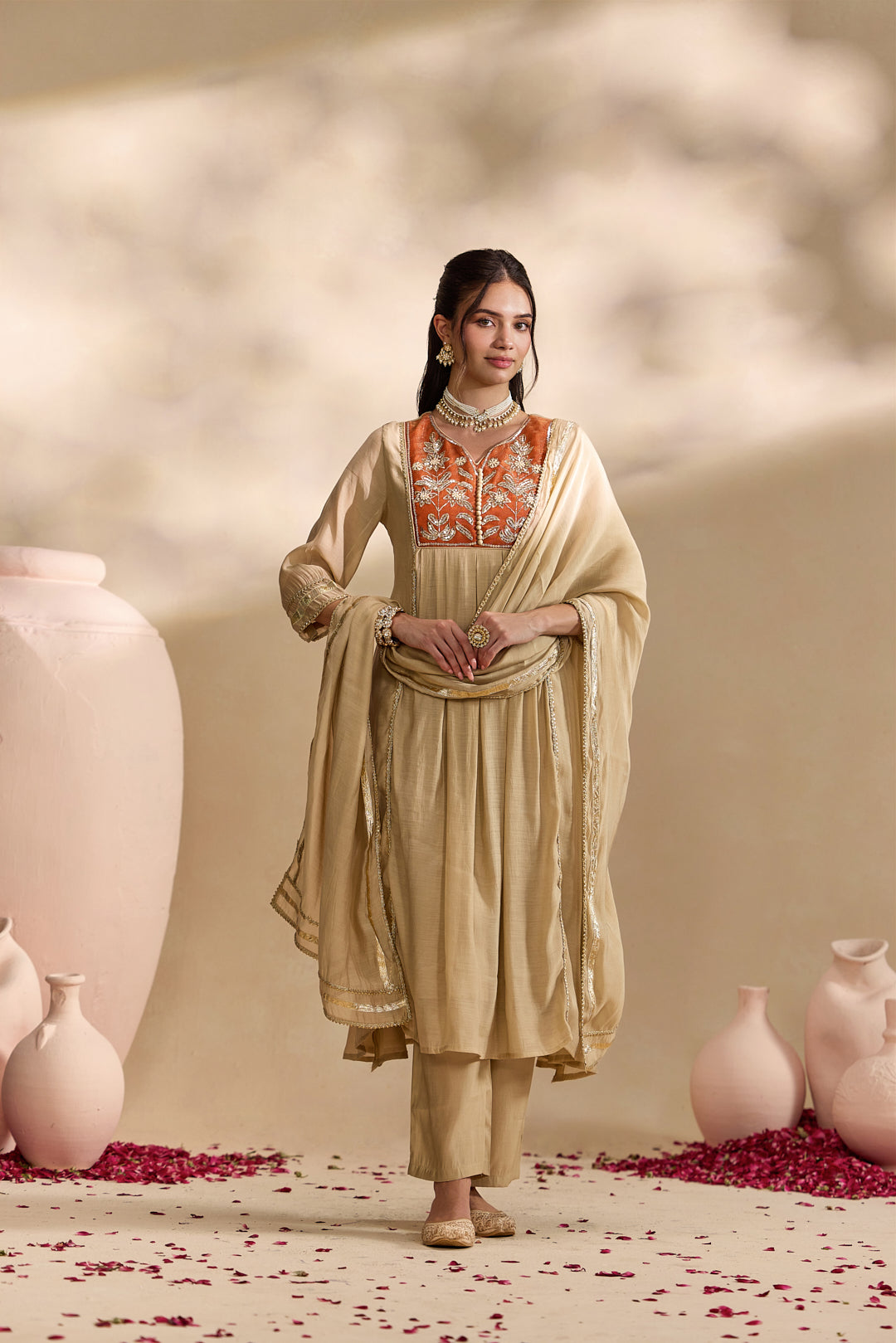 Rust Chanderi Zari Embroidered Three Piece Set