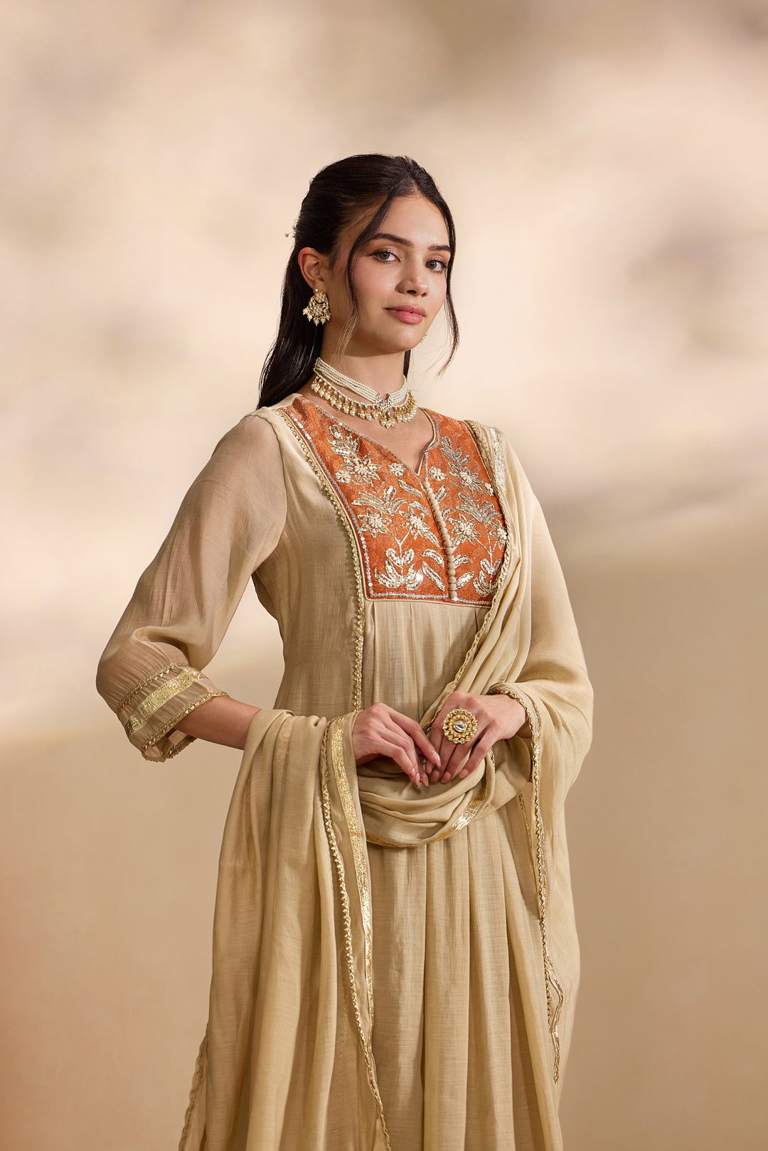 Rust Chanderi Zari Embroidered Three Piece Set