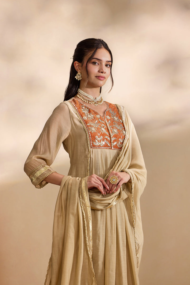 Rust Chanderi Zari Embroidered Three Piece Set
