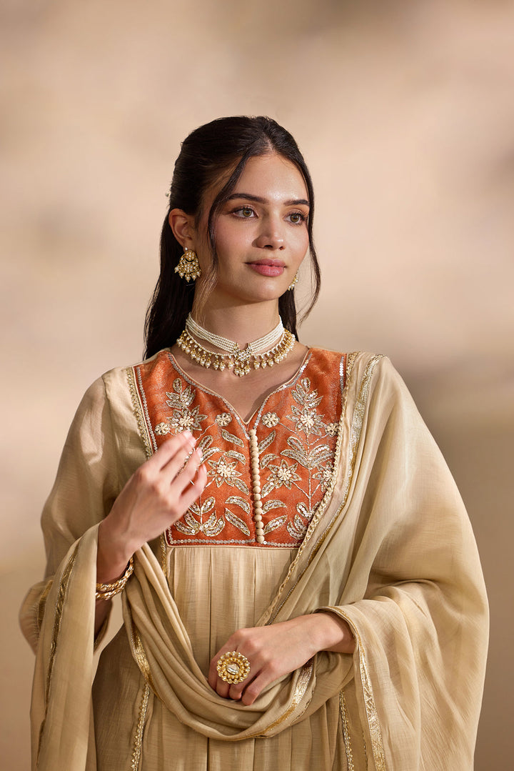 Rust Chanderi Zari Embroidered Three Piece Set