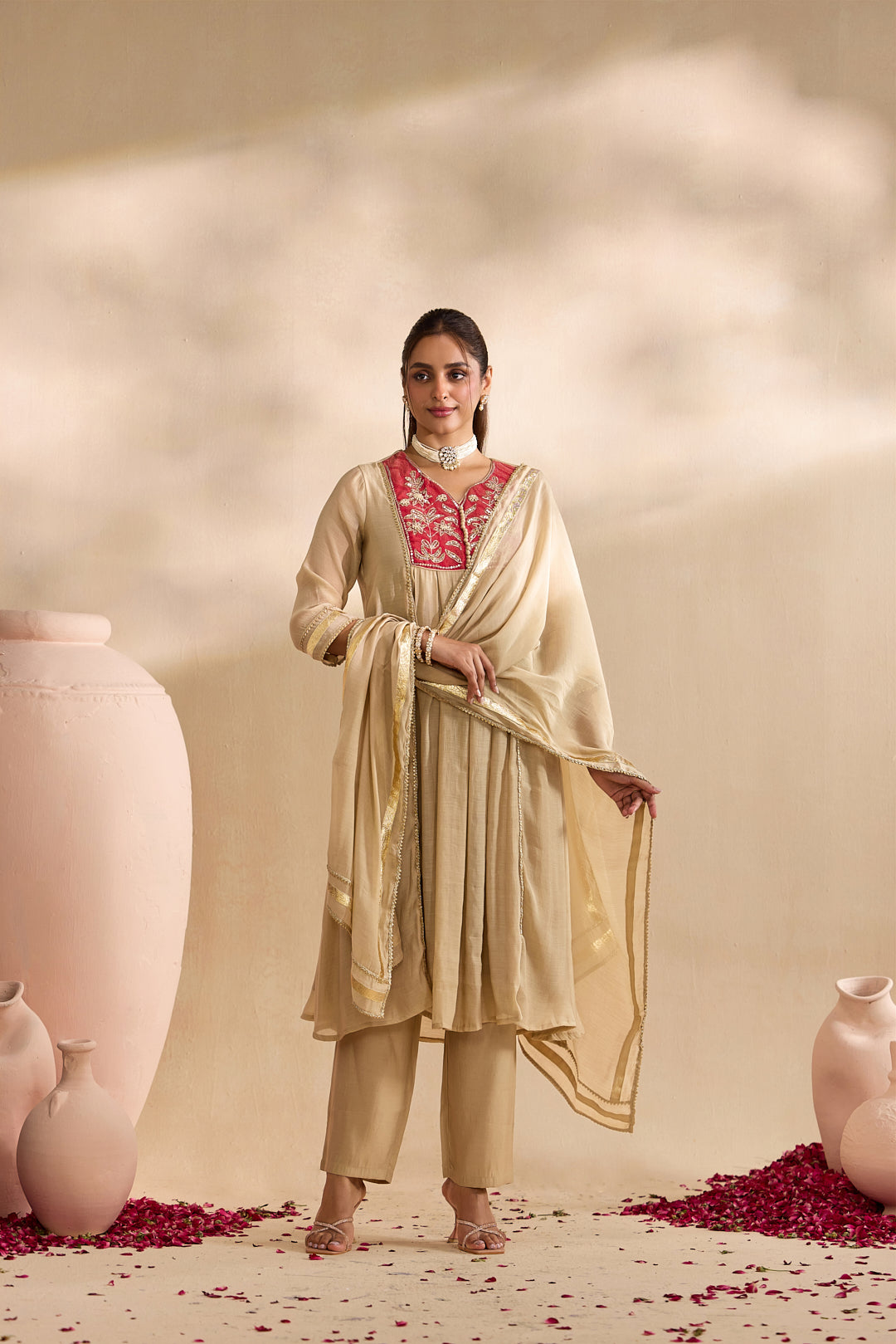 Pink Chanderi Zari Embroidered Three Piece Set