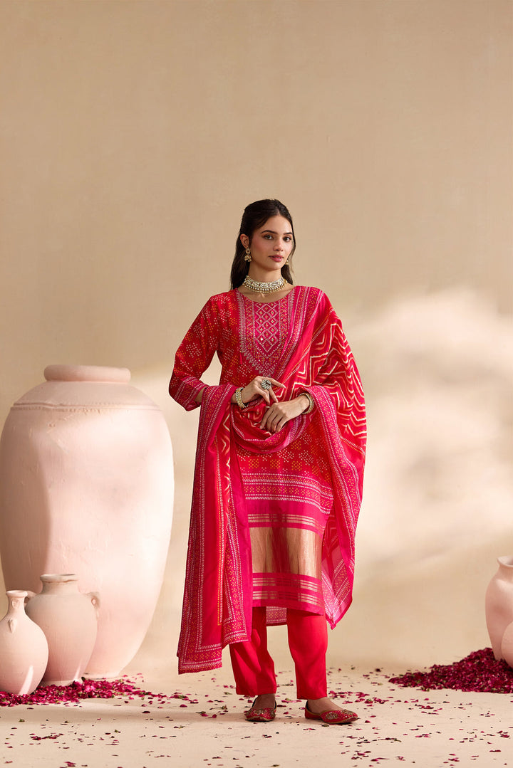 Red Silk Bandhani Dot Printed Three Piece Set