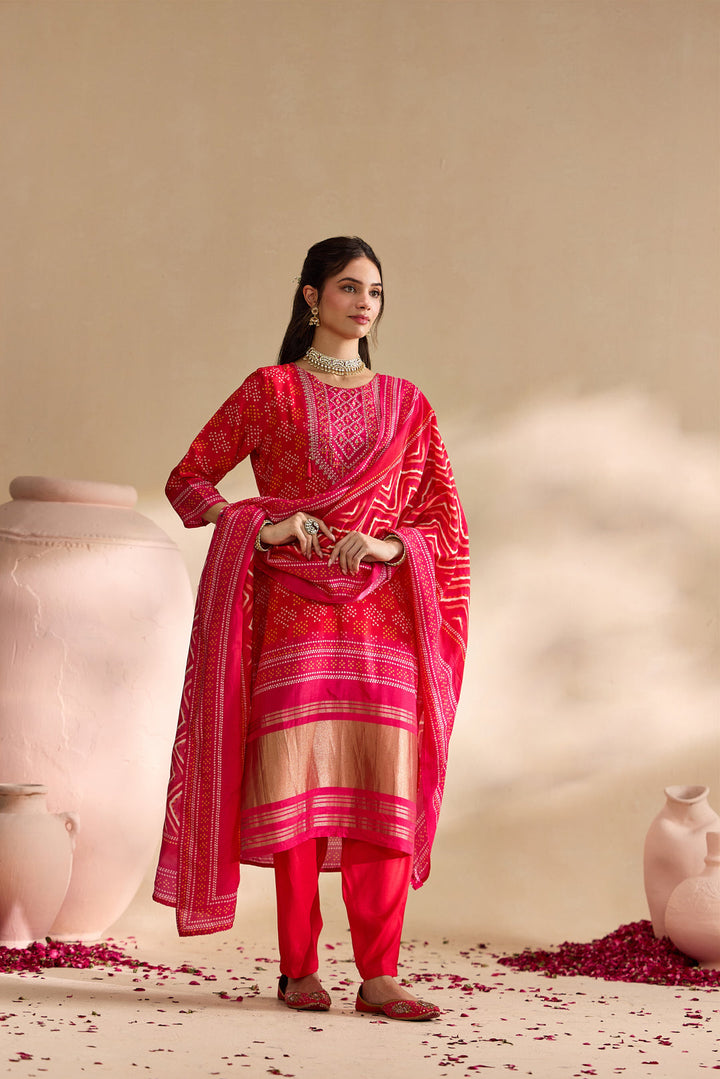 Red Silk Bandhani Dot Printed Three Piece Set