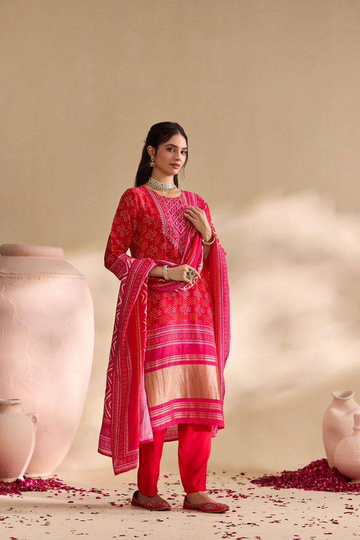 Red Silk Bandhani Dot Printed Three Piece Set