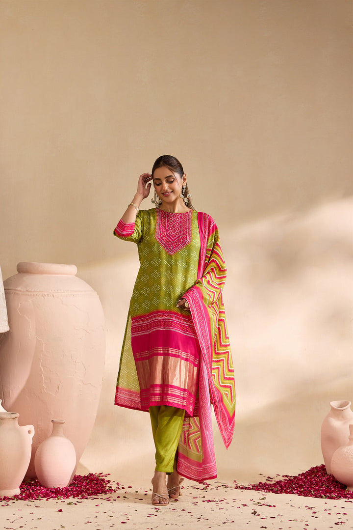 Mehadi Green Silk Bandhani Dot Printed Three Piece Set