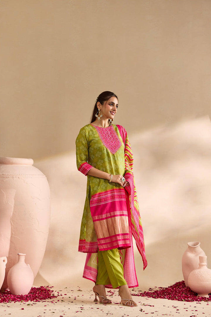 Mehadi Green Silk Bandhani Dot Printed Three Piece Set