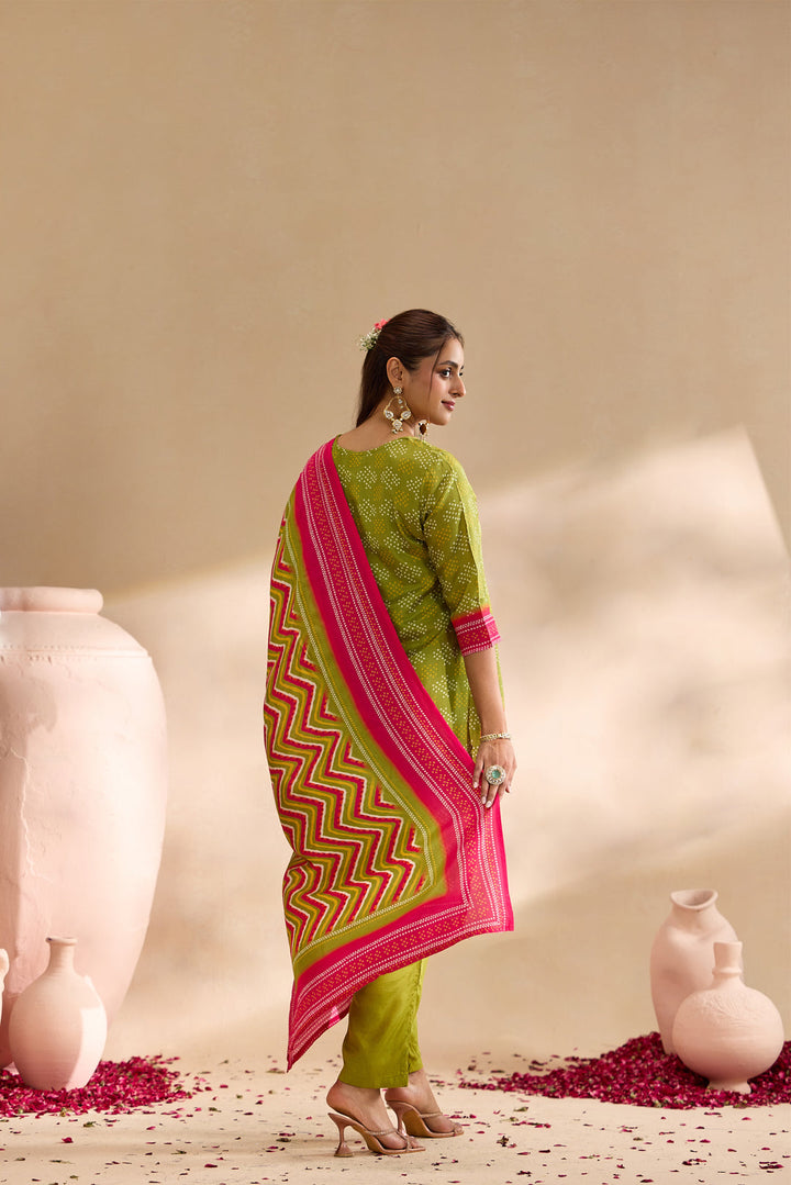 Mehadi Green Silk Bandhani Dot Printed Three Piece Set