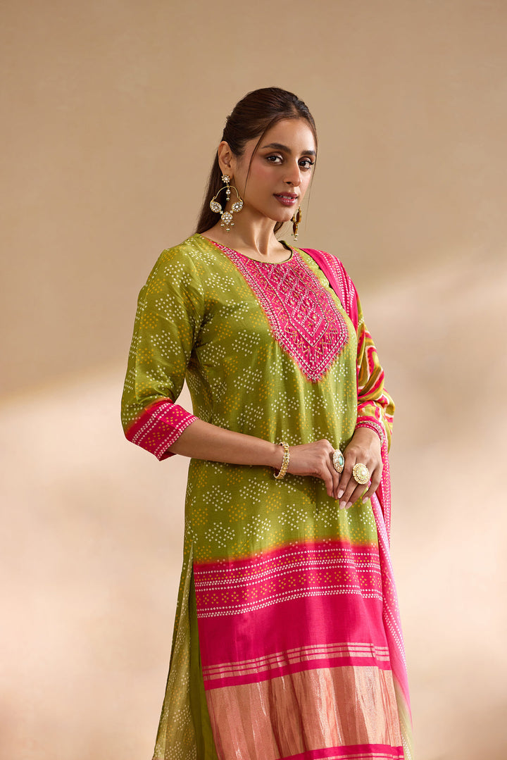 Mehadi Green Silk Bandhani Dot Printed Three Piece Set