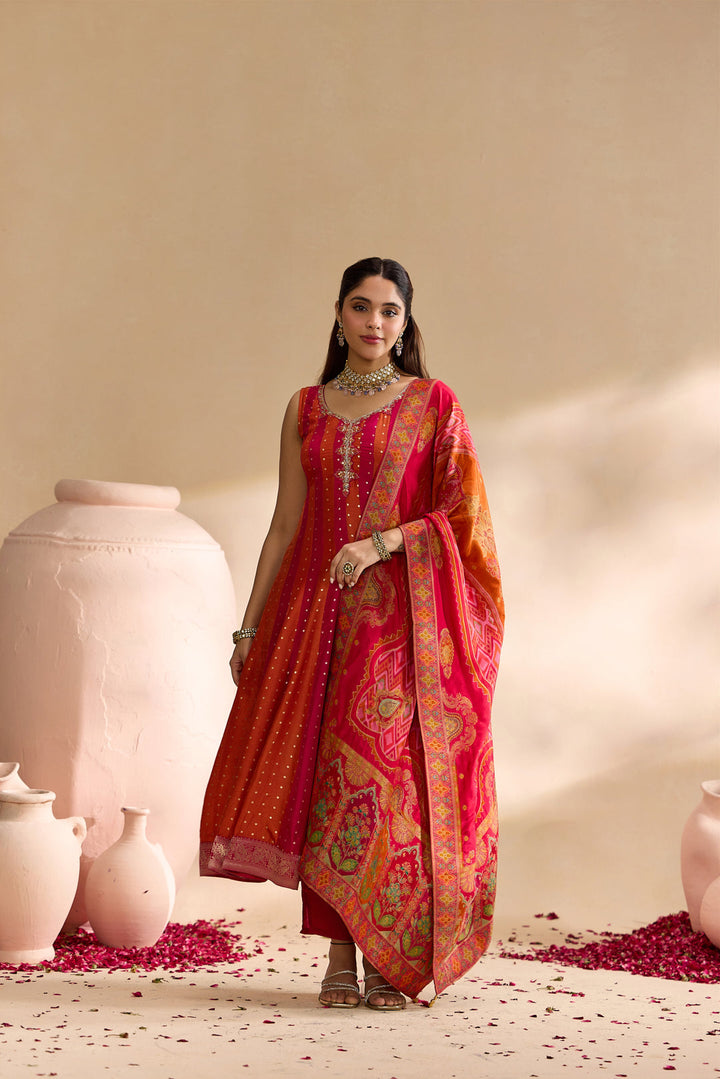 Rani Pink Silk Stripes With Foil Butti Printed Three Piece Set