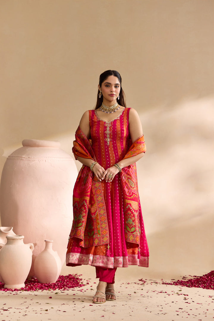 Rani Pink Silk Stripes With Foil Butti Printed Three Piece Set