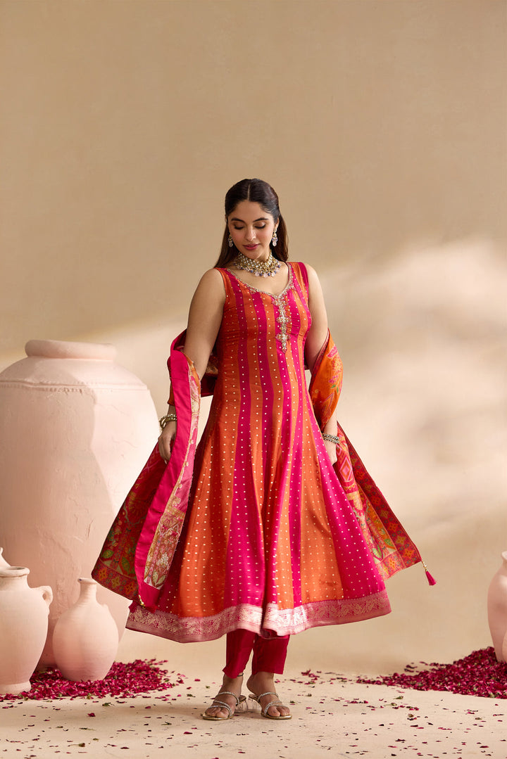 Rani Pink Silk Stripes With Foil Butti Printed Three Piece Set