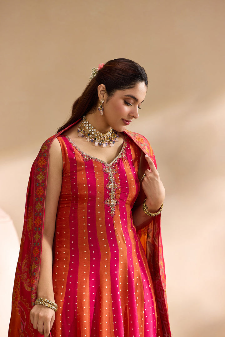 Rani Pink Silk Stripes With Foil Butti Printed Three Piece Set