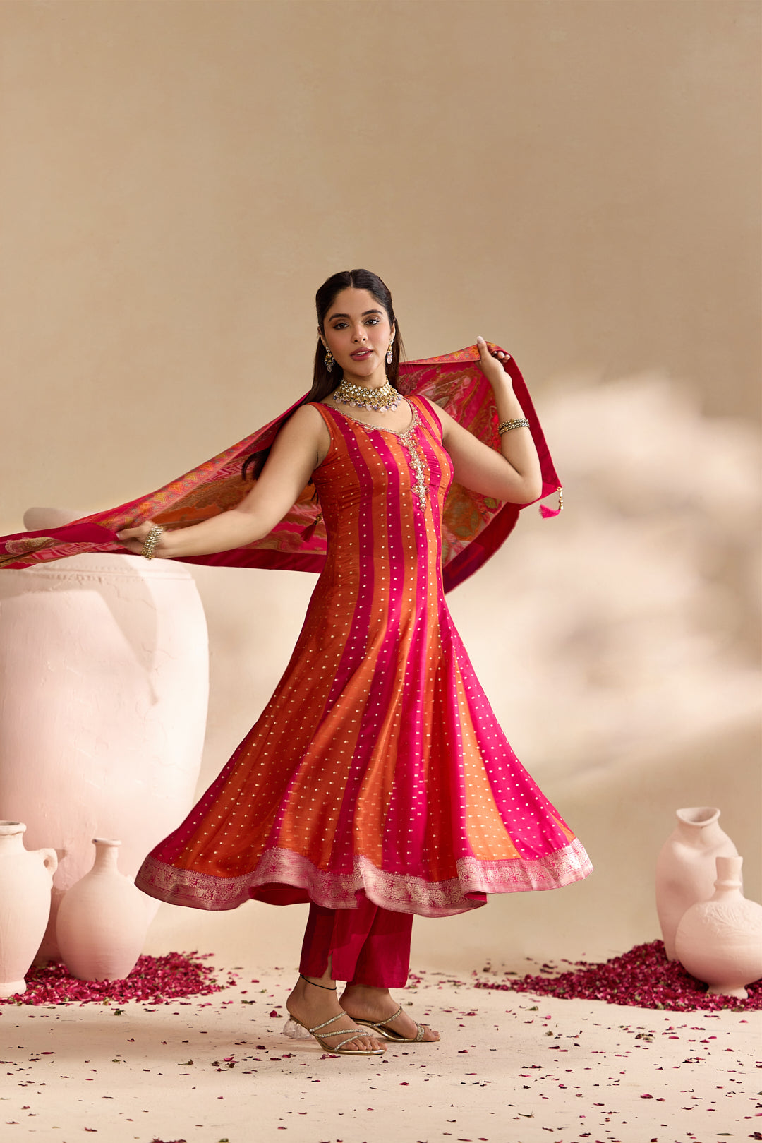 Rani Pink Silk Stripes With Foil Butti Printed Three Piece Set
