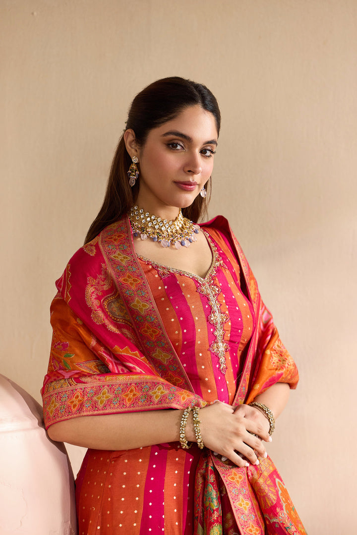 Rani Pink Silk Stripes With Foil Butti Printed Three Piece Set