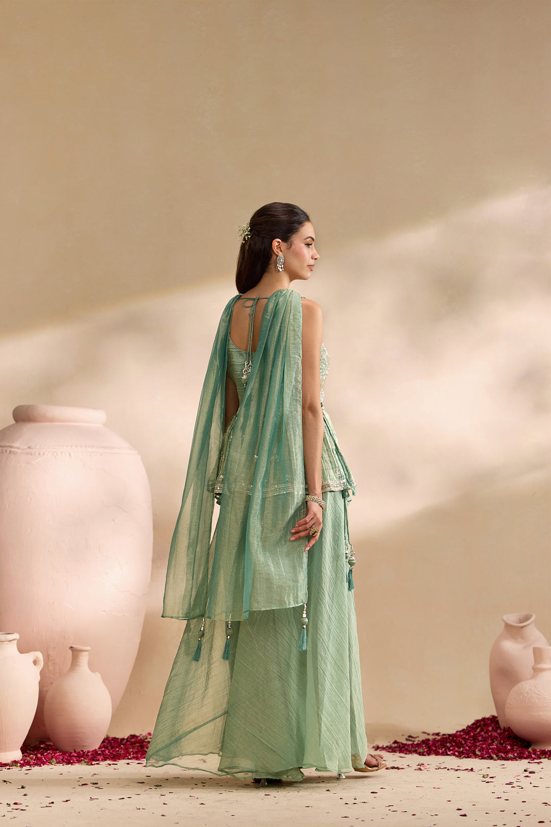 Sea Green Tissue Heavy Embroidered Three Piece Set