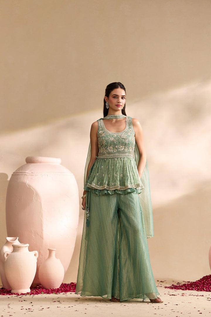 Sea Green Tissue Heavy Embroidered Three Piece Set