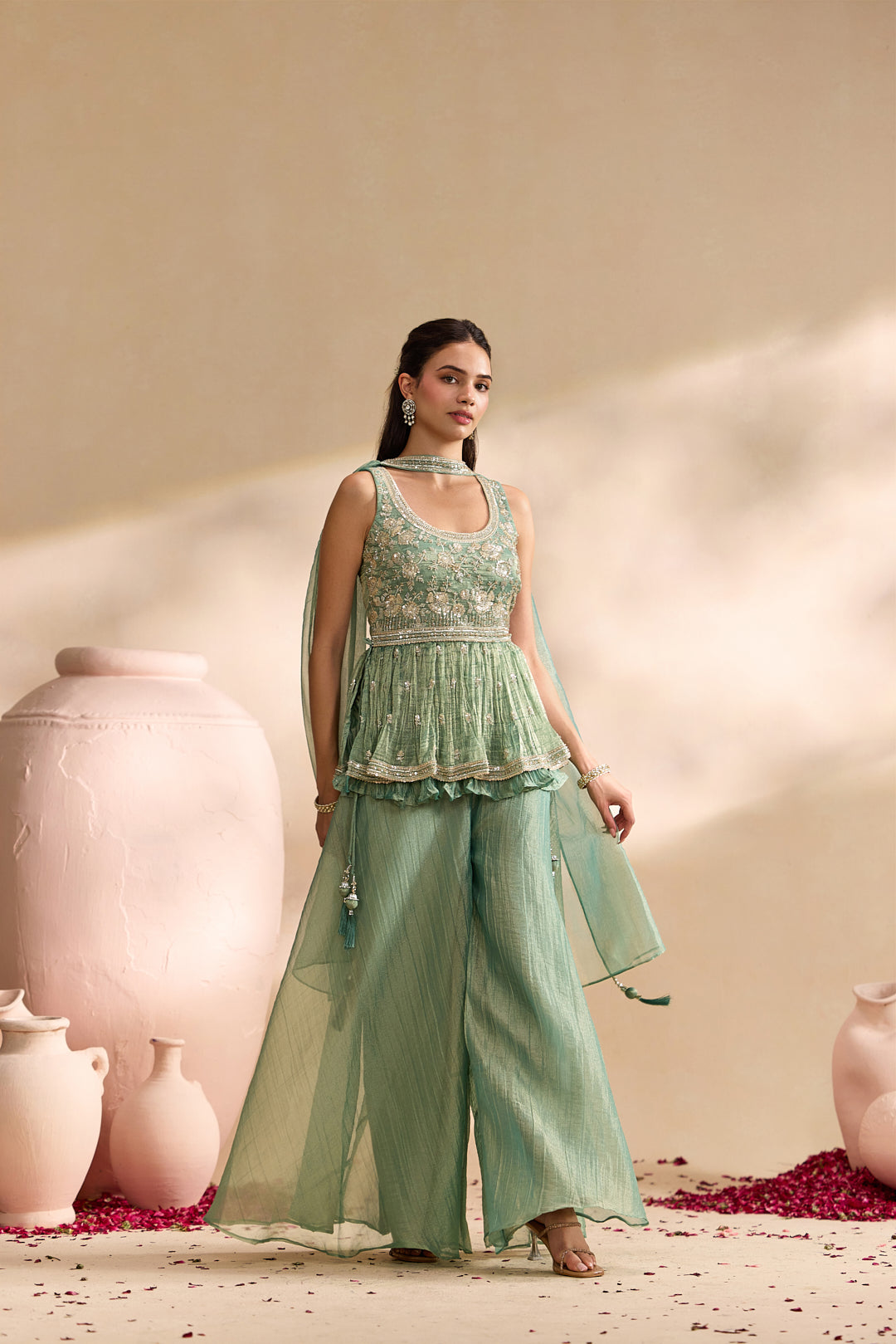 Sea Green Tissue Heavy Embroidered Three Piece Set