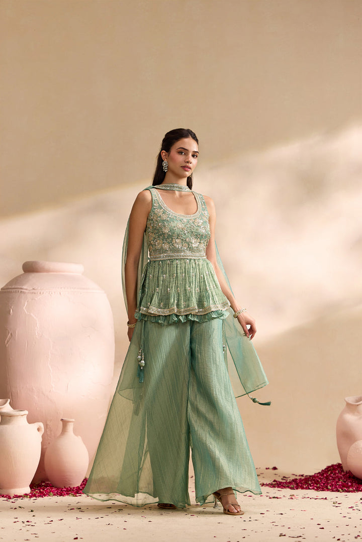 Sea Green Tissue Heavy Embroidered Three Piece Set