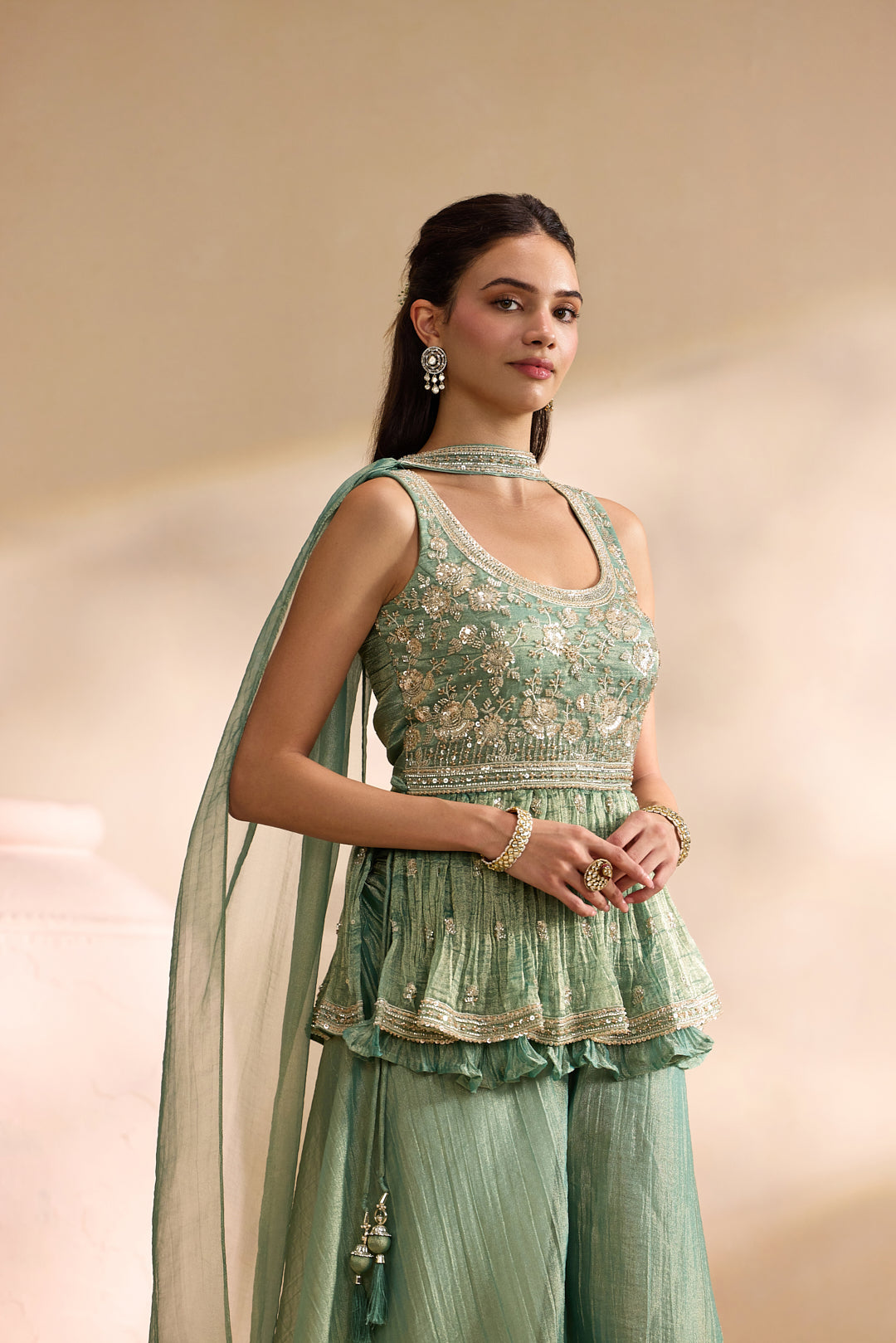 Sea Green Tissue Heavy Embroidered Three Piece Set