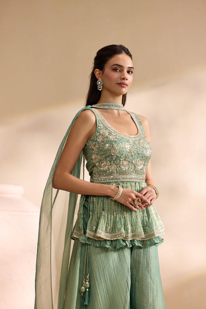 Sea Green Tissue Heavy Embroidered Three Piece Set