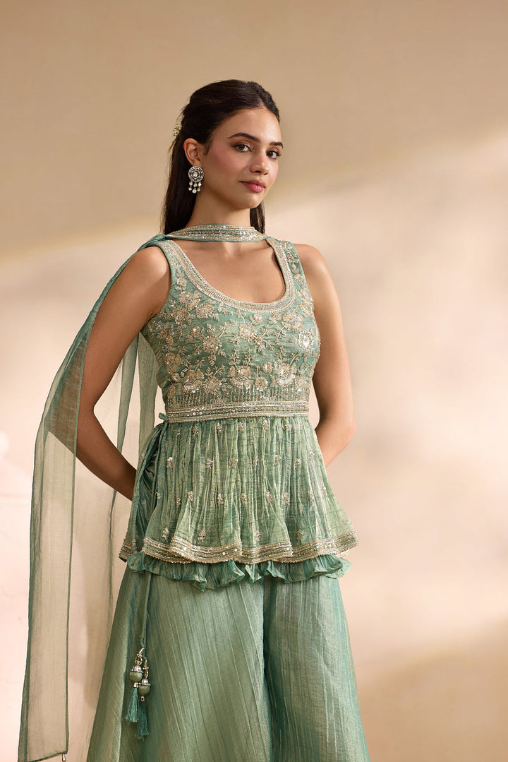 Sea Green Tissue Heavy Embroidered Three Piece Set