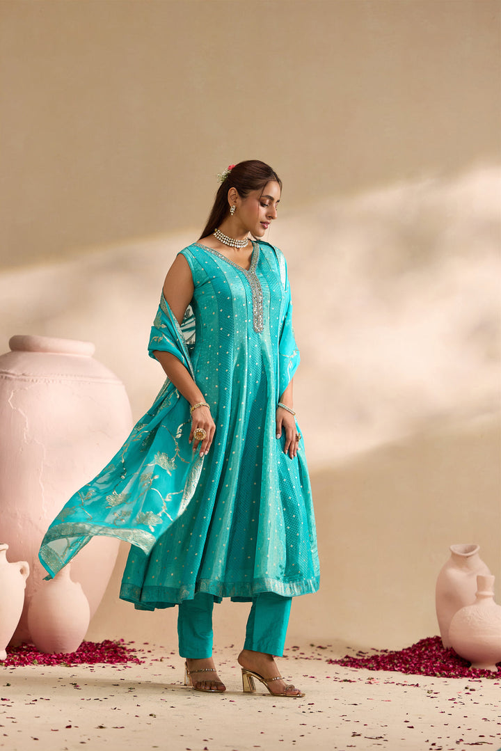 Sea Green Tissue Small Buti Weaved Three Piece Set