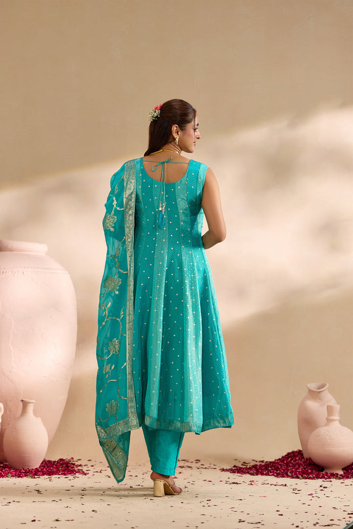 Sea Green Tissue Small Buti Weaved Three Piece Set