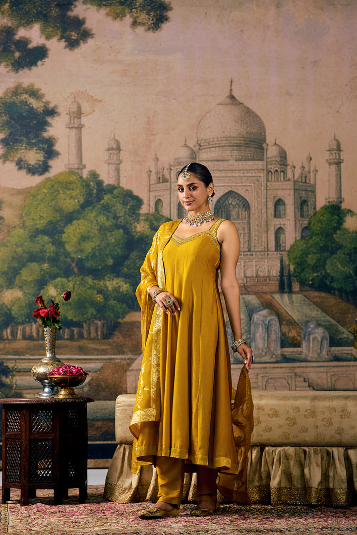 Mustard Silk Thread And Stone Embroidered Three Piece Set