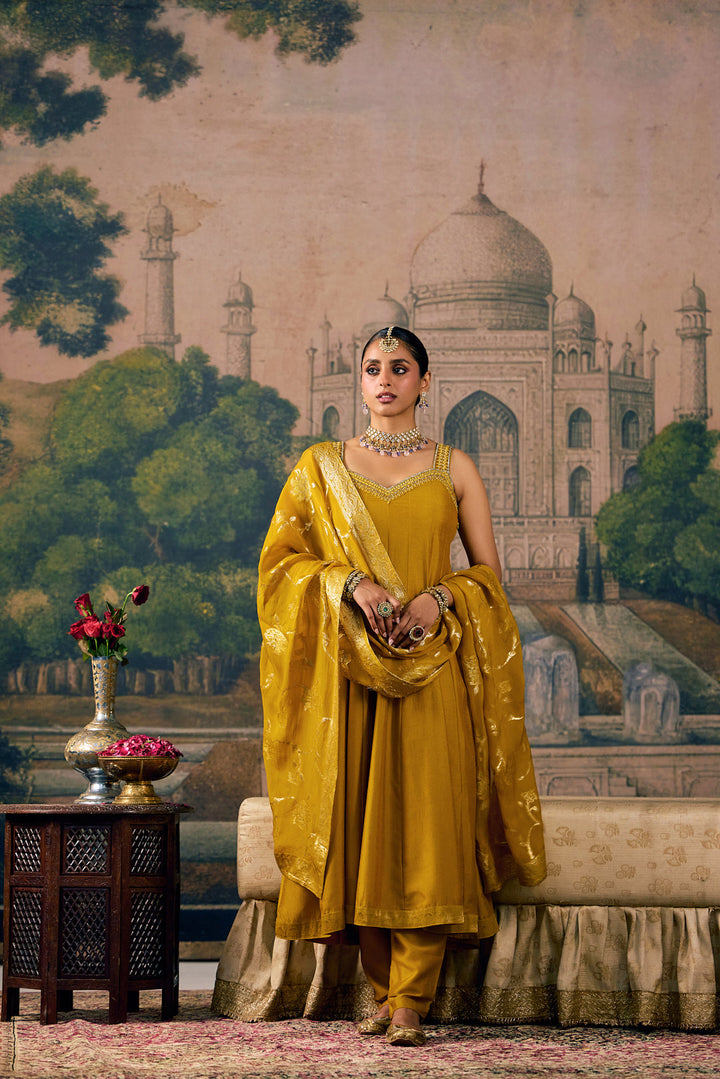 Mustard Silk Thread And Stone Embroidered Three Piece Set