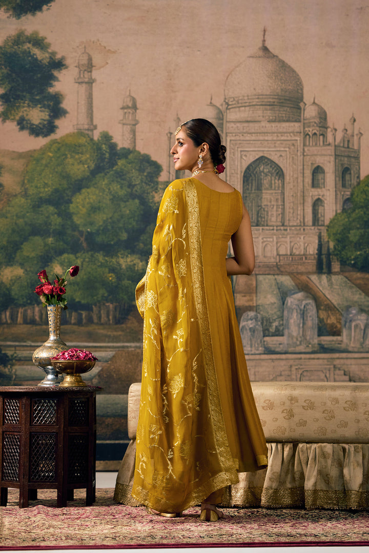 Mustard Silk Thread And Stone Embroidered Three Piece Set