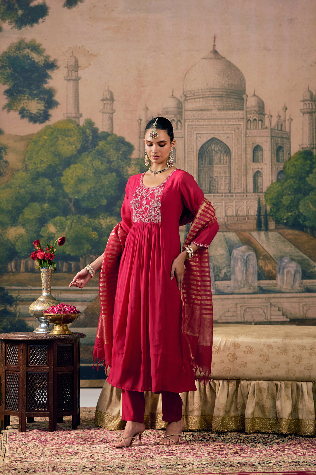 Rani Muslin Palm Tree Embroidered Three Piece Set