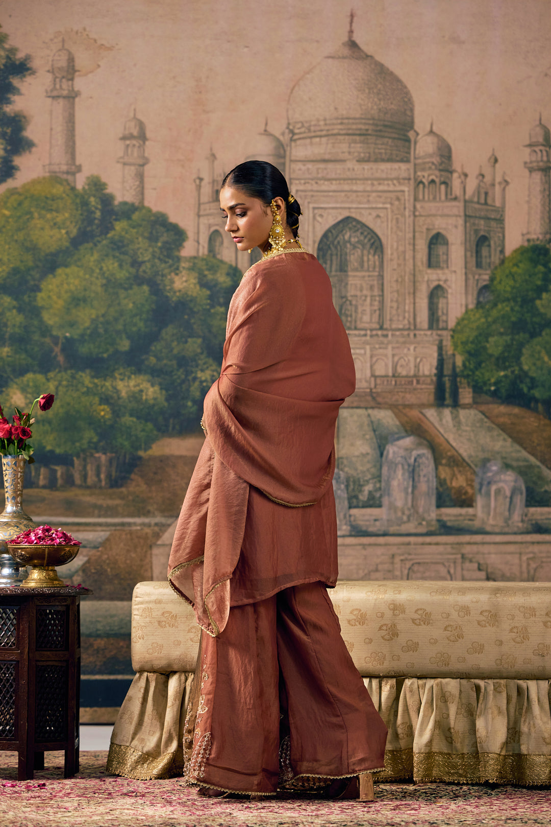 Rust Tissue Zari And Thread Embroidered Three Piece Set