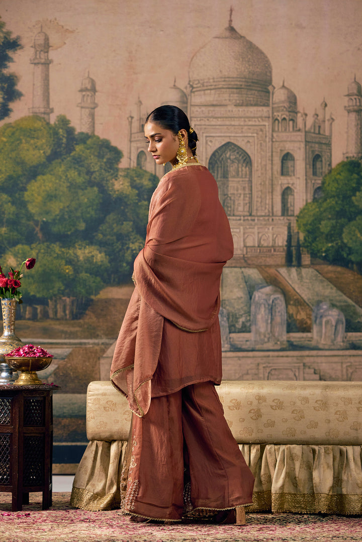 Rust Tissue Zari And Thread Embroidered Three Piece Set