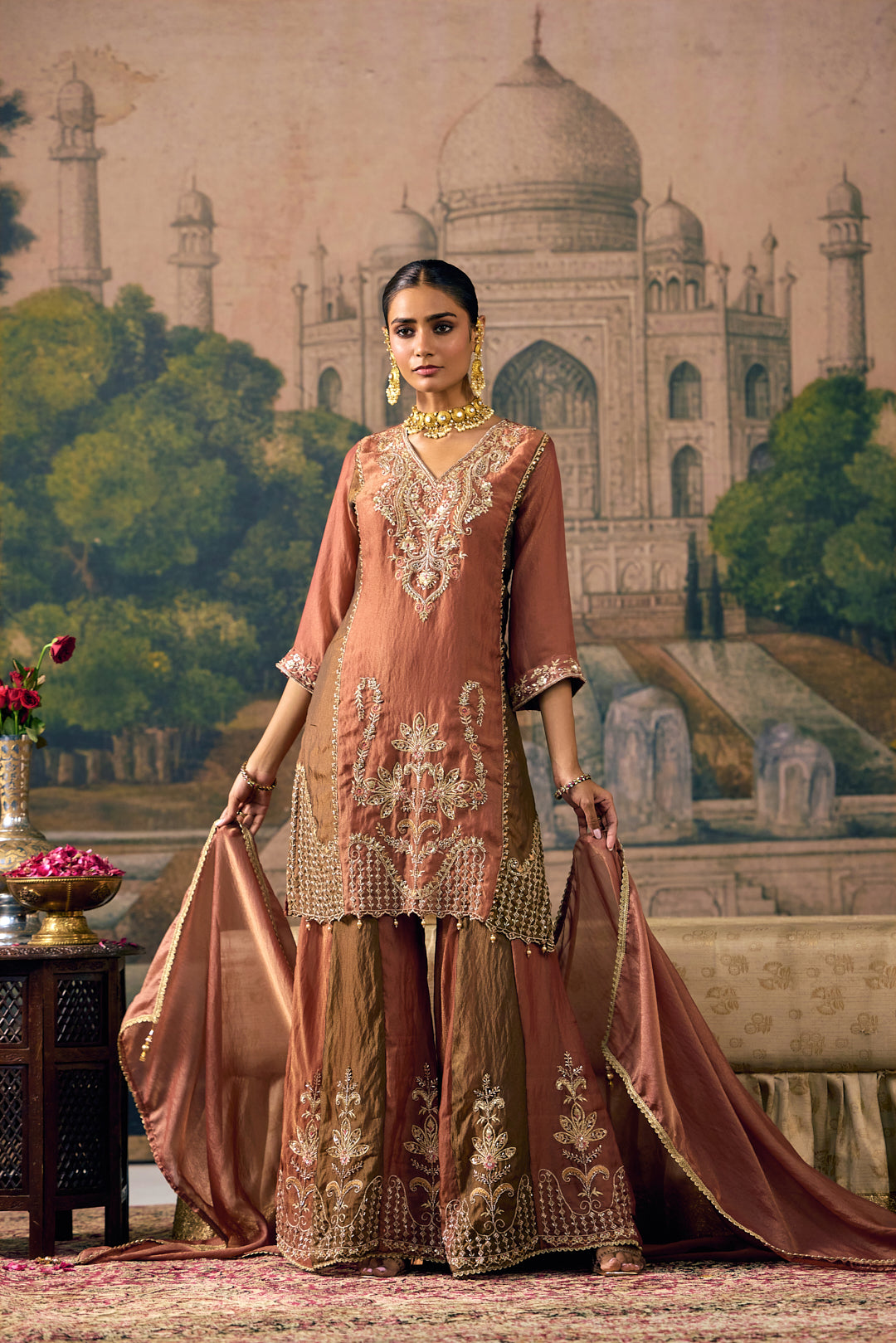 Rust Tissue Zari And Thread Embroidered Three Piece Set
