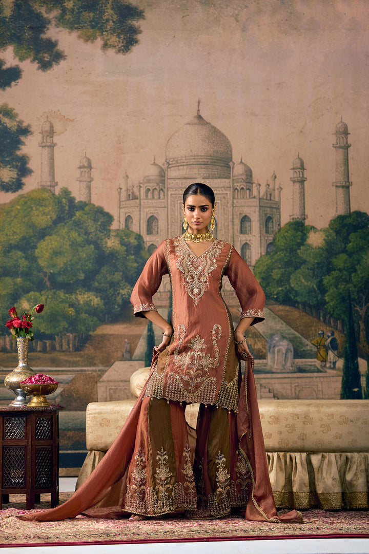Rust Tissue Zari And Thread Embroidered Three Piece Set