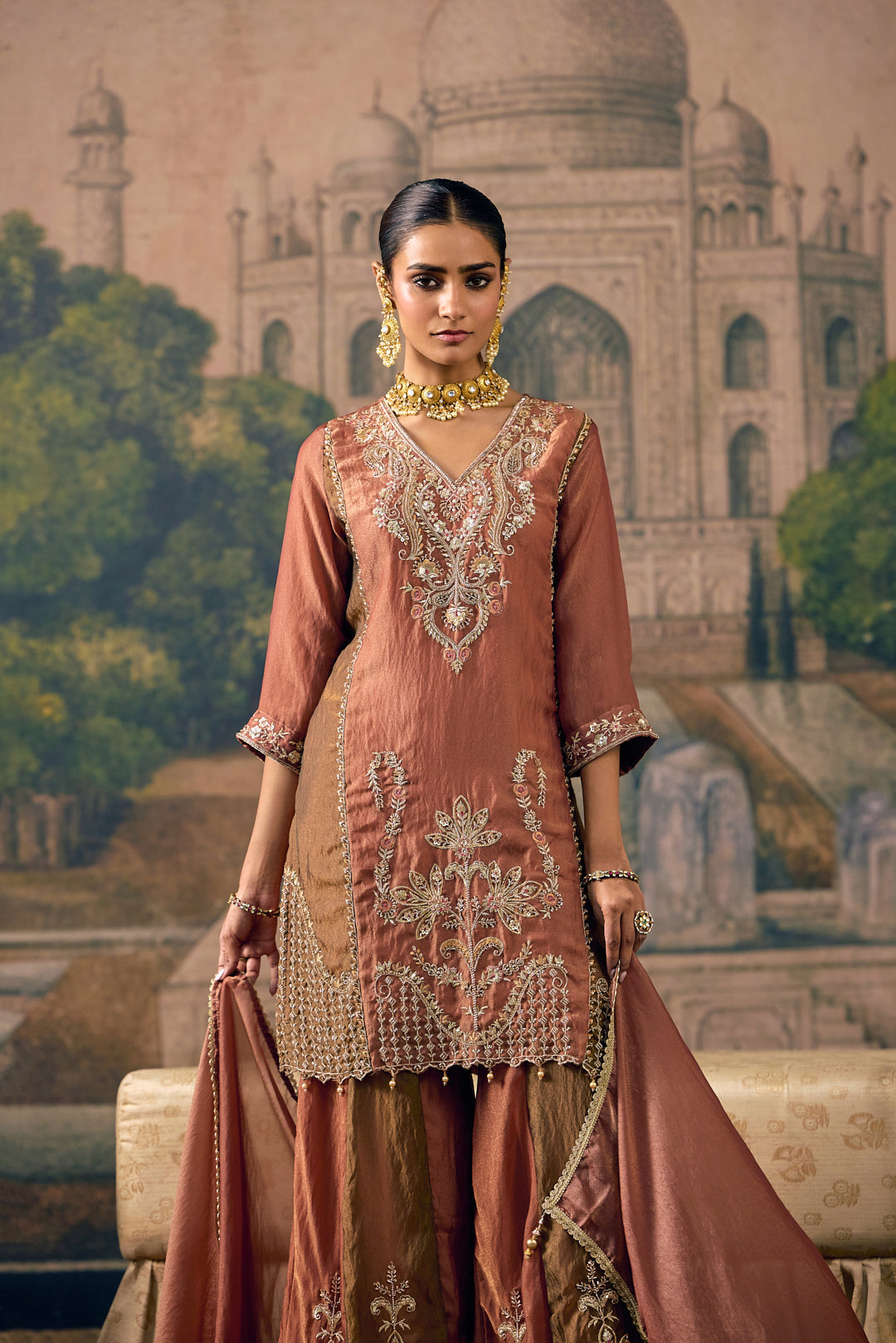 Rust Tissue Zari And Thread Embroidered Three Piece Set