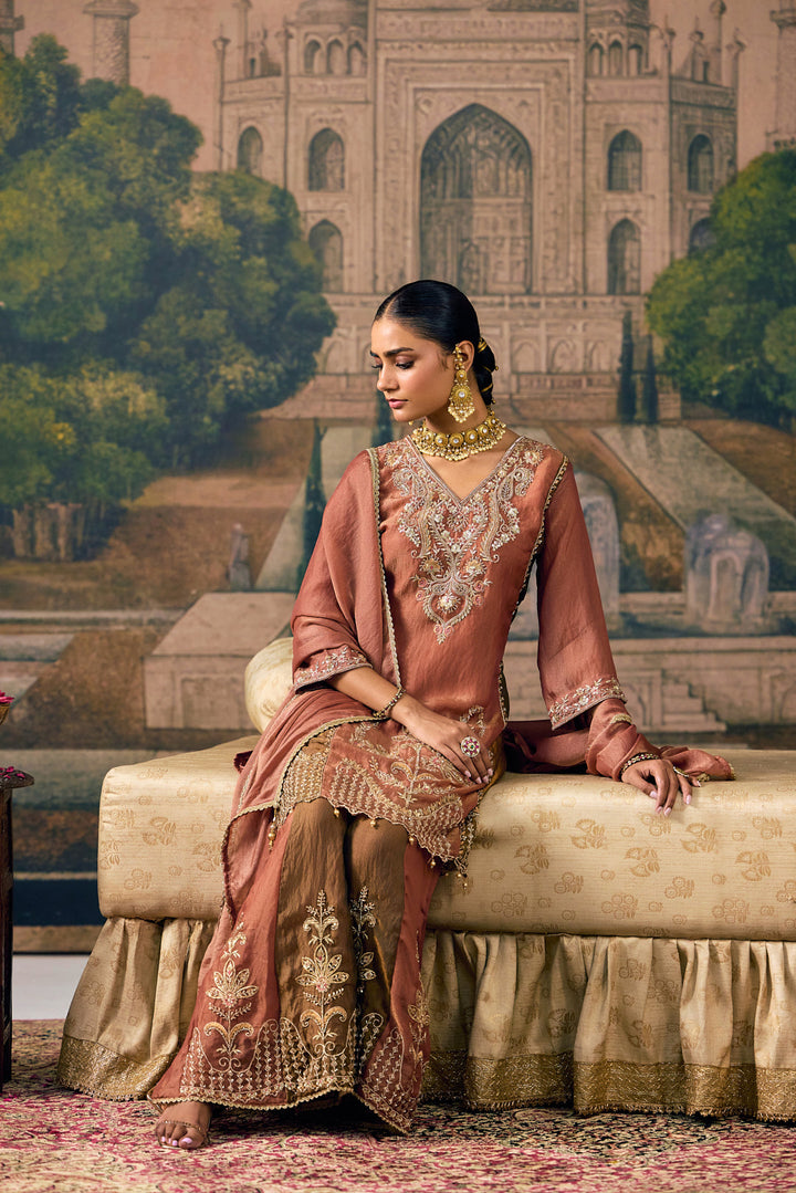 Rust Tissue Zari And Thread Embroidered Three Piece Set