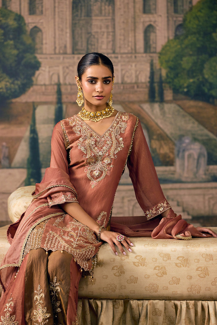 Rust Tissue Zari And Thread Embroidered Three Piece Set