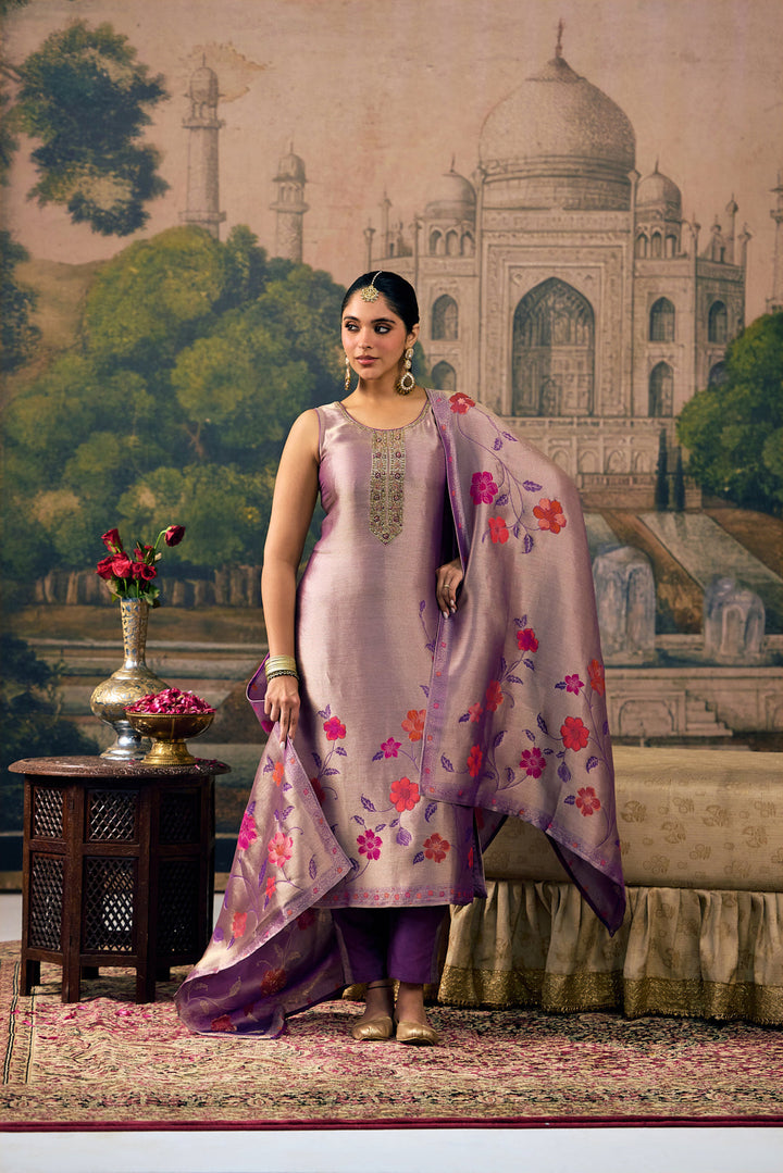 Lavender Tissue Floral Embroidered Three Piece Set
