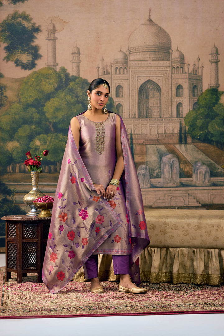 Lavender Tissue Floral Embroidered Three Piece Set