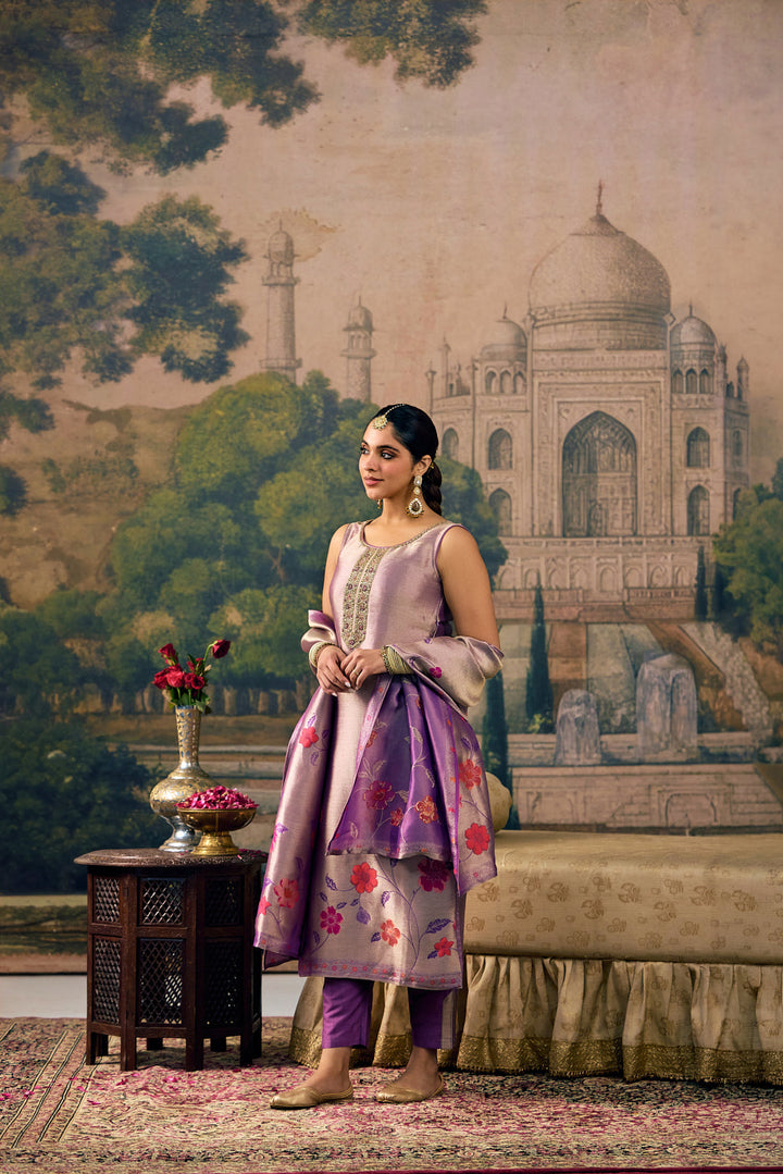 Lavender Tissue Floral Embroidered Three Piece Set