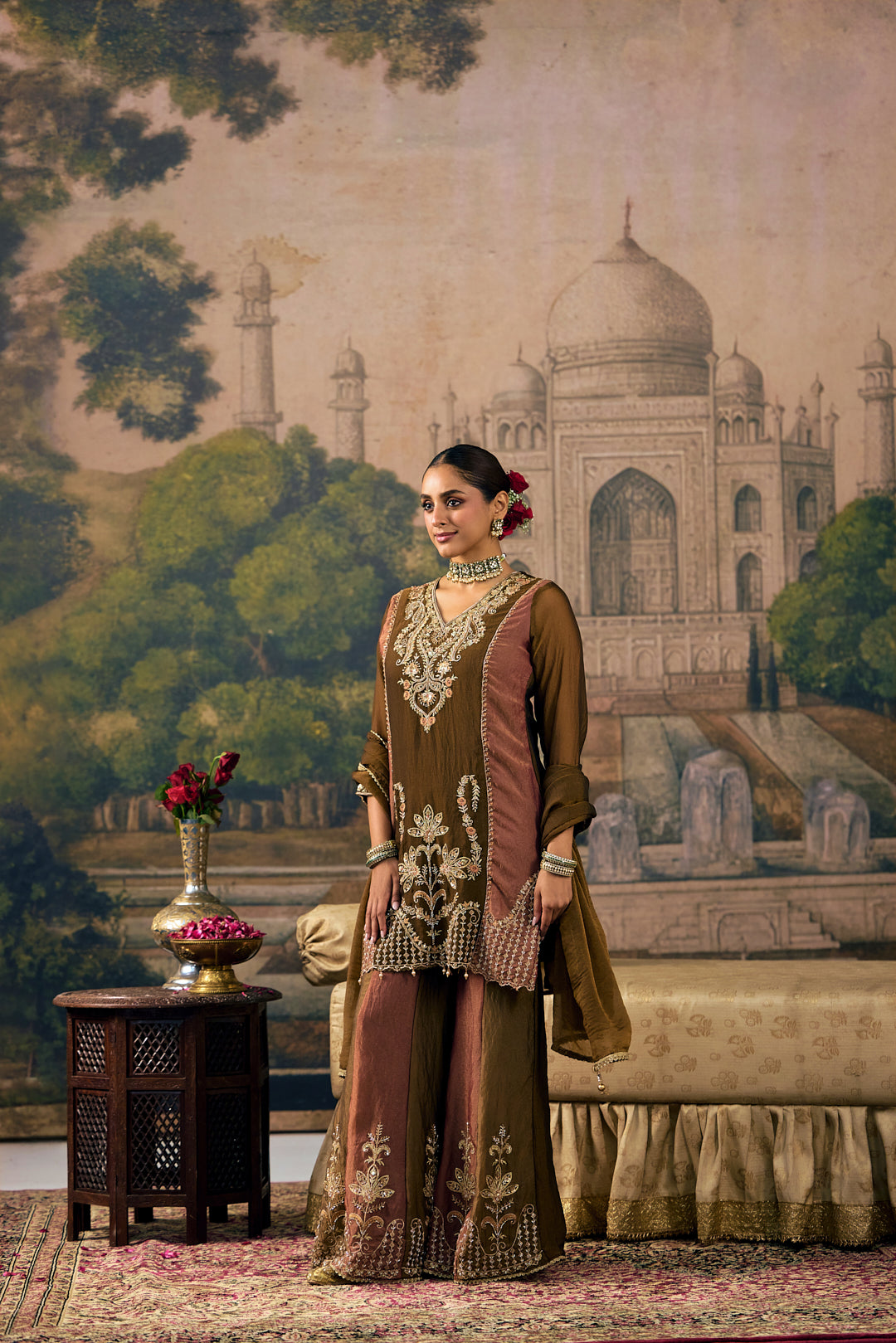 Brown Tissue Zari And Thread Embroidered Three Piece Set